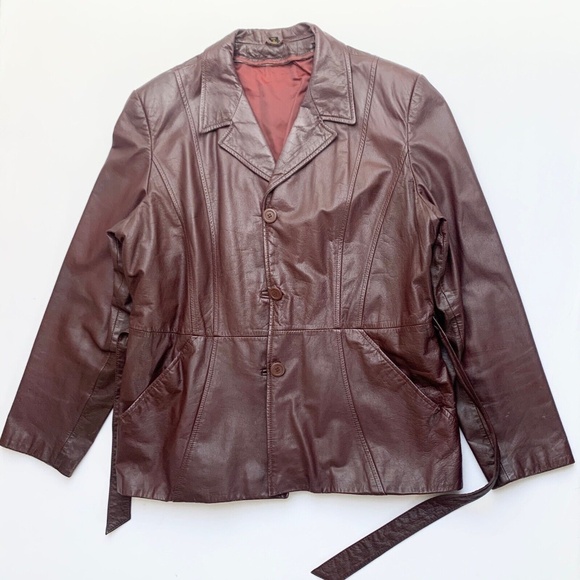 Vintage 90s Red Brown Leather Button Jacket Blazer Tie Waist Removable Lining L - Picture 1 of 16